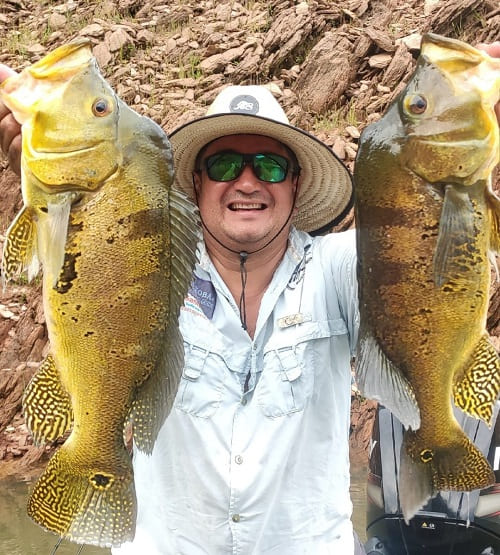 alex koba guia de pesca segurando dois tucunarés