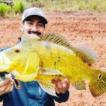 pescador segurando um belo exemplar de tucunaré amarelo