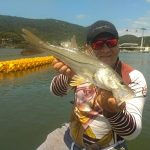 saul guia de pesca segurando um robalo flecha