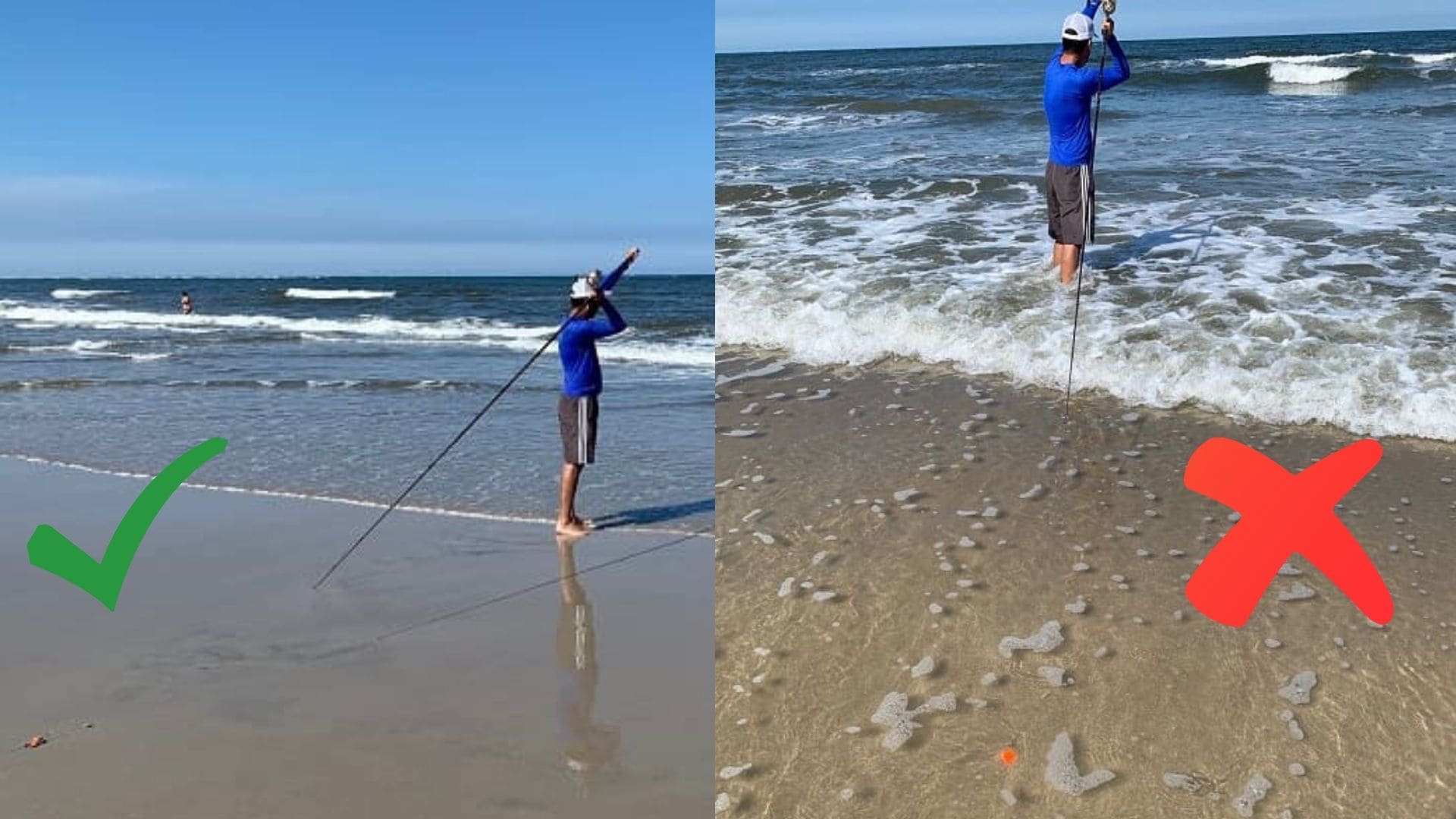 foto mostrando como fazer um arremesso de pesca de praia correto e um incorreto